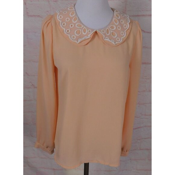 Forever 21 Peach Blouse S Long Sleeve Peter Pan Collar Eyelet Sheer Detail - Picture 1 of 12